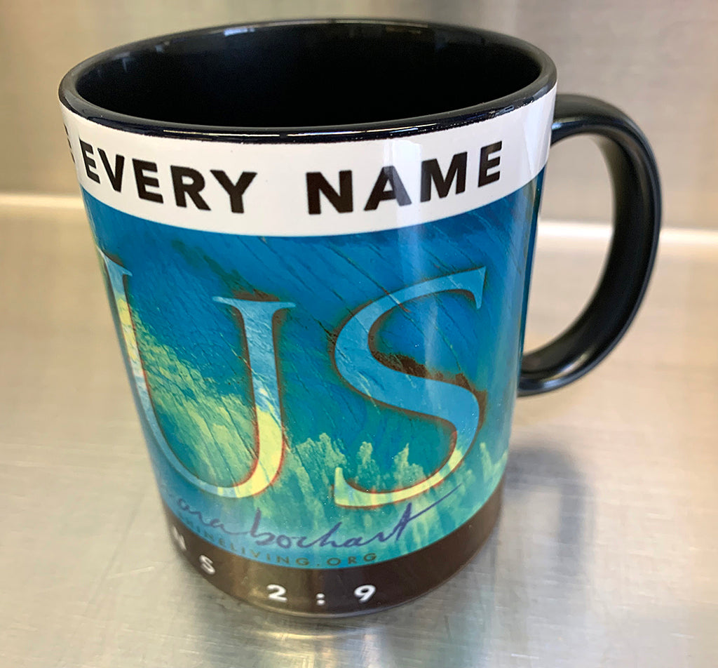 "Jesus Name Above" on black mug