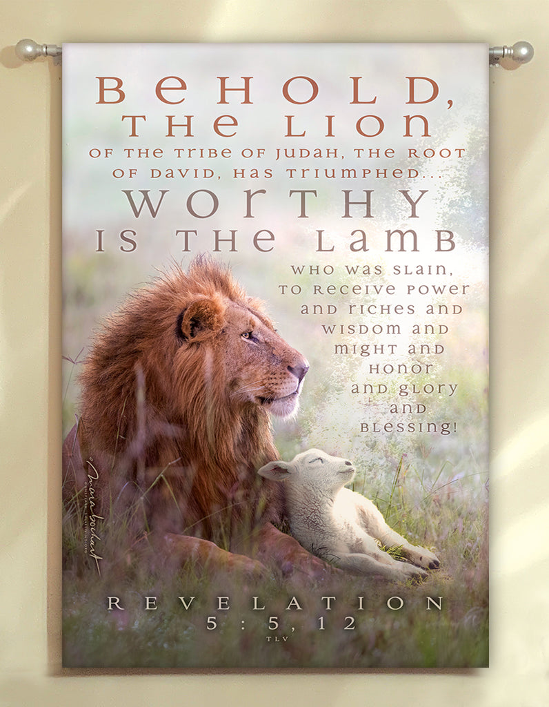 Behold Lion Lamb - Vertical - hanging banner