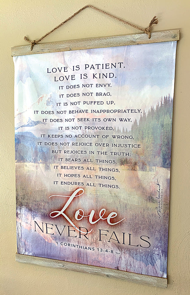 Tapestry with Double Wood Boards, drilled holes and thick jute rope for hanging. Sample shown: "Love Is Patient".