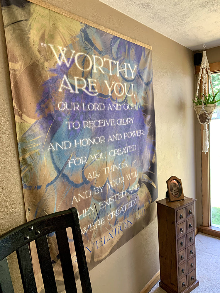 Tapestry with Single Wood Board shown with sample design "Worthy Are You".