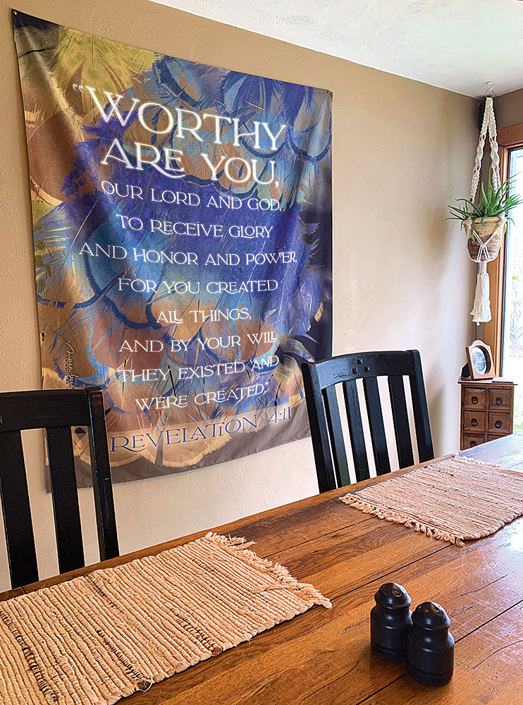 Tapestry Only: Hang with push pins or decorative tacks as seen in this sample design "Worthy Are You".